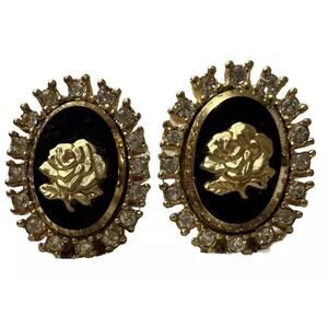 Vtg Celebrity NY Clip On Earrings Golden Rose And Rhinestones Circa 1950-1970
